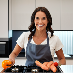 **

A house worker expertly cooking in a clean, modern kitchen, smiling and happy.

**