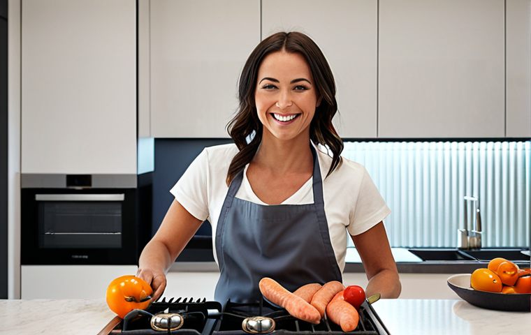 **
A house worker expertly cooking in a clean, modern kitchen, smiling and happy.
**