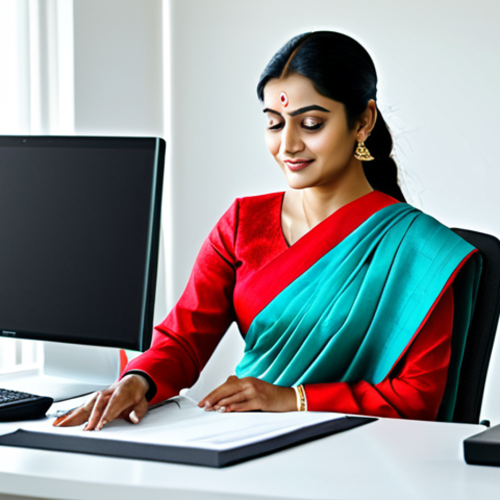 Prompt 1: A professional woman in a modest saree, working at a modern desk in a brightly lit home office, fully clothed, appropriate attire, safe for work, perfect anatomy, natural proportions, professional photography, high quality.