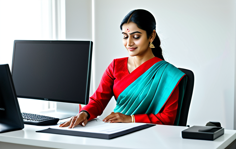 Prompt 1: A professional woman in a modest saree, working at a modern desk in a brightly lit home office, fully clothed, appropriate attire, safe for work, perfect anatomy, natural proportions, professional photography, high quality.