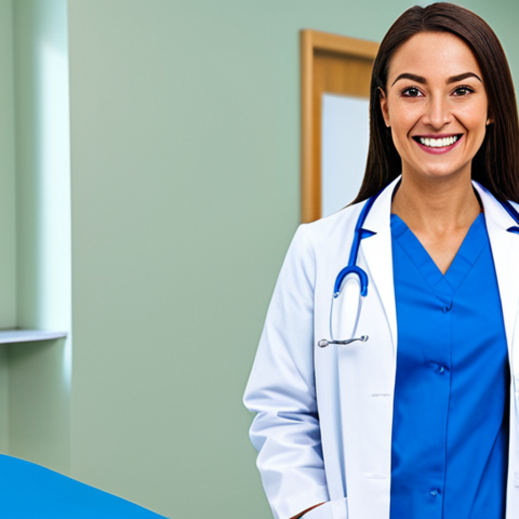 ** A professional female doctor in a modest lab coat, smiling warmly in a bright and clean hospital environment, fully clothed, appropriate attire, safe for work, perfect anatomy, natural proportions, professional photography, high quality.
**