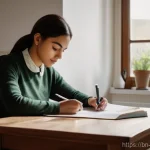 가사도우미 업무 일기 작성 노하우 - **Prompt:** A young woman, neatly dressed in modest, practical attire suitable for domestic work, si...