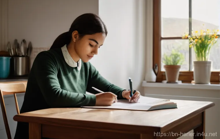 가사도우미 업무 일기 작성 노하우 - **Prompt:** A young woman, neatly dressed in modest, practical attire suitable for domestic work, si...